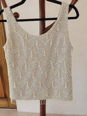 Vintage Imperial Hong Kong Beaded Sequin Wool Shell Top Icy Blue Silver S